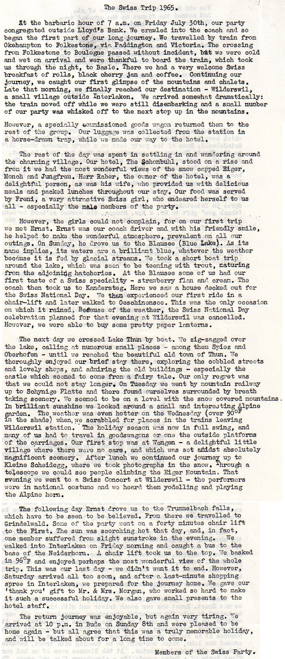 Swiss Trip Article from the 1965 School Magazine