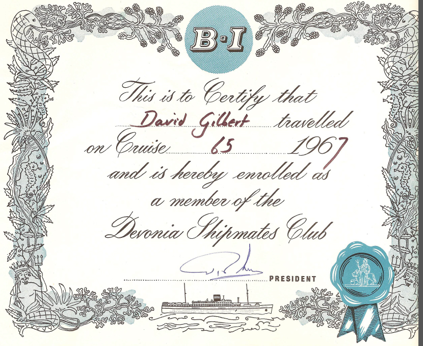 David Gilbert's Cruise Certificate