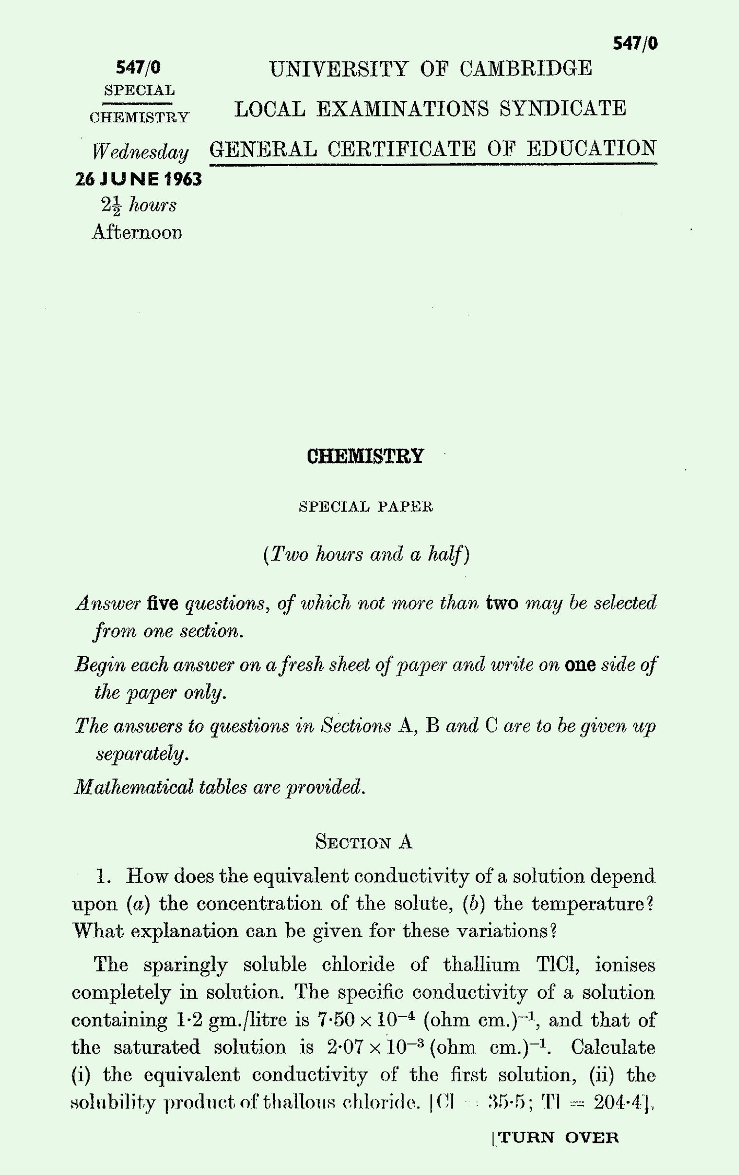 1963 S Level Chemistry page 1