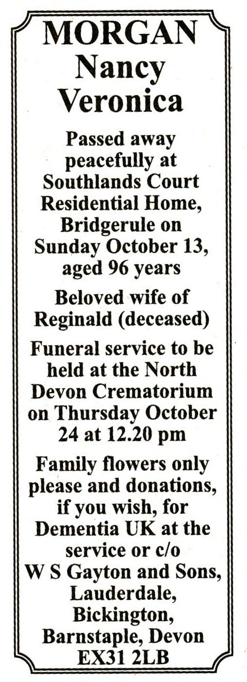 Nancy Morgan death notice - wife of Reg Morgan teacher