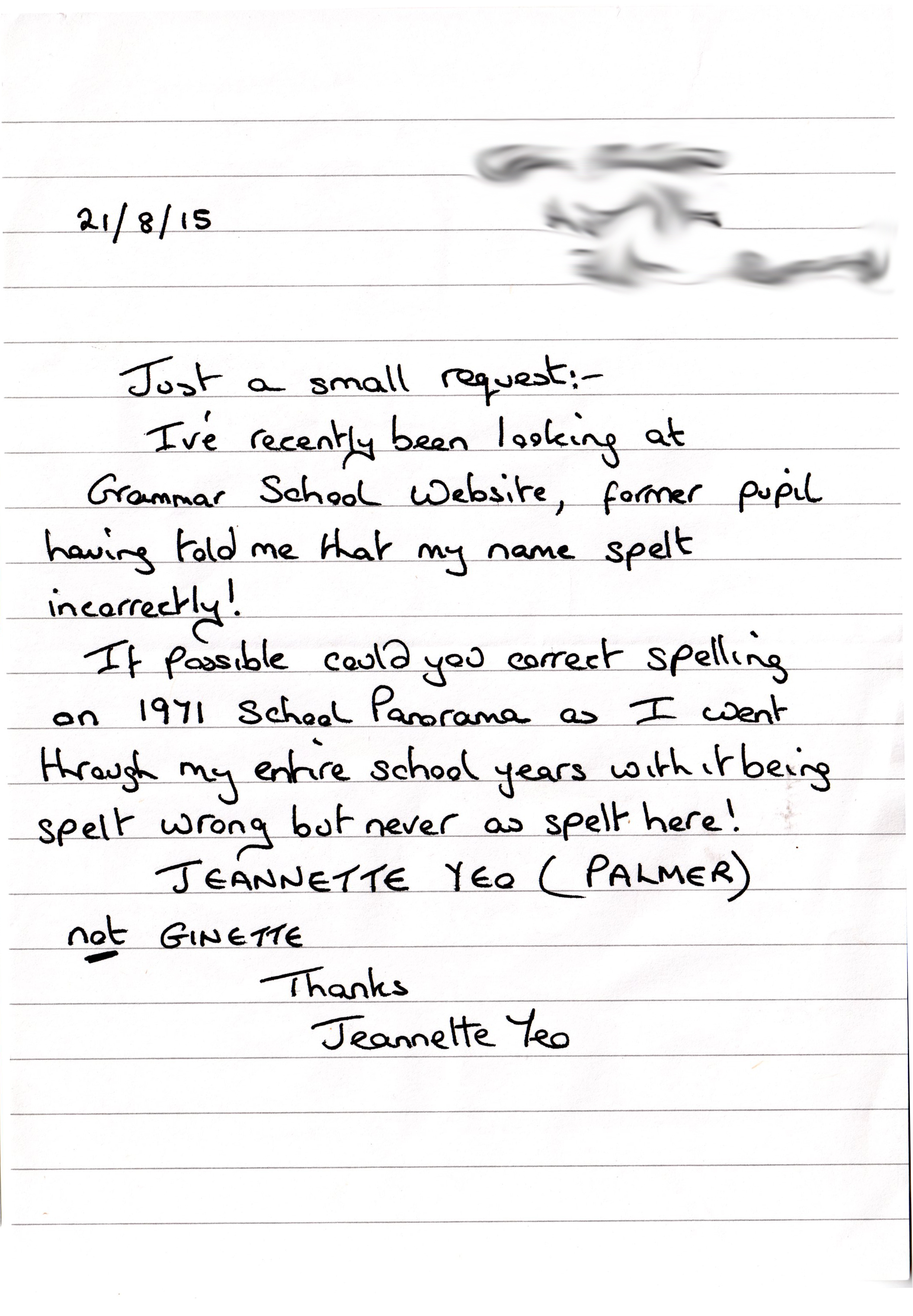 Letter from Jeannette Yeo (Palmer)