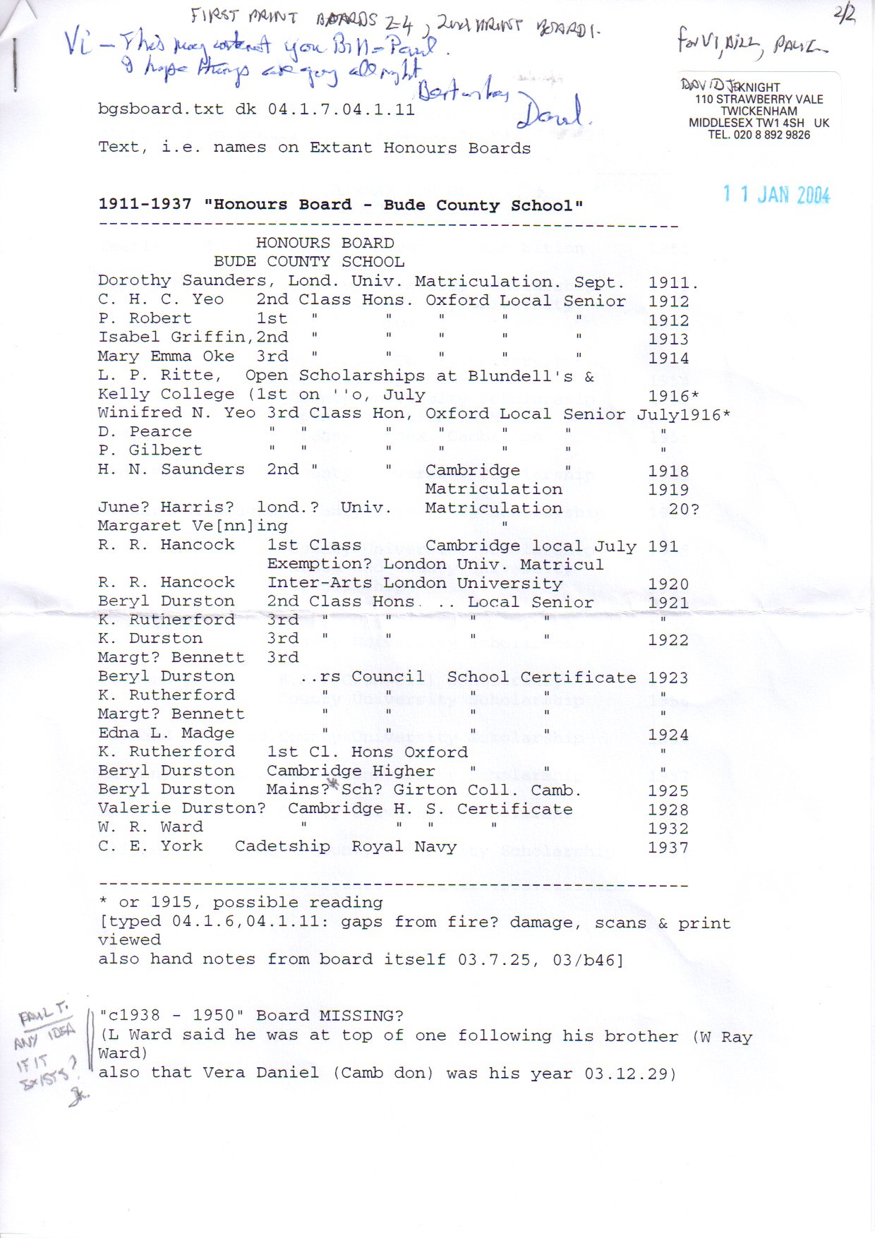 Honours Lists